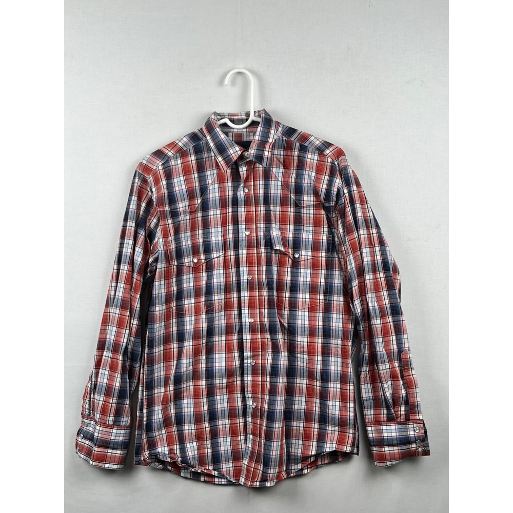 Wrangler Western Snap Shirt Mens Medium Plaid Long Sleeve MWR169M Red White Blue